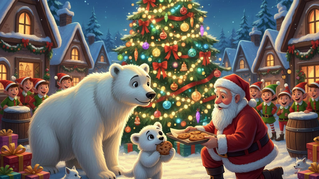 An illustration for 'The Polar Bear's First Christmas' Christmas Story, showing a large polar bear and a cub receiving cookies from Santa Claus in a snowy North Pole village