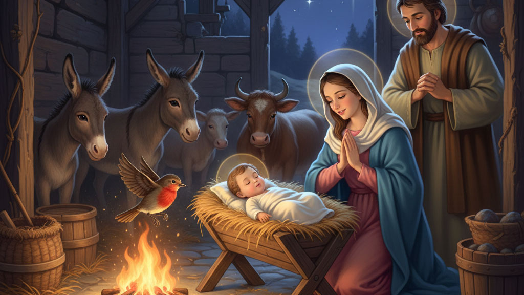 Nativity scene featuring baby Jesus, Mary, Joseph, stable animals, and the robin - The Robin's Red Breast Christmas Story
