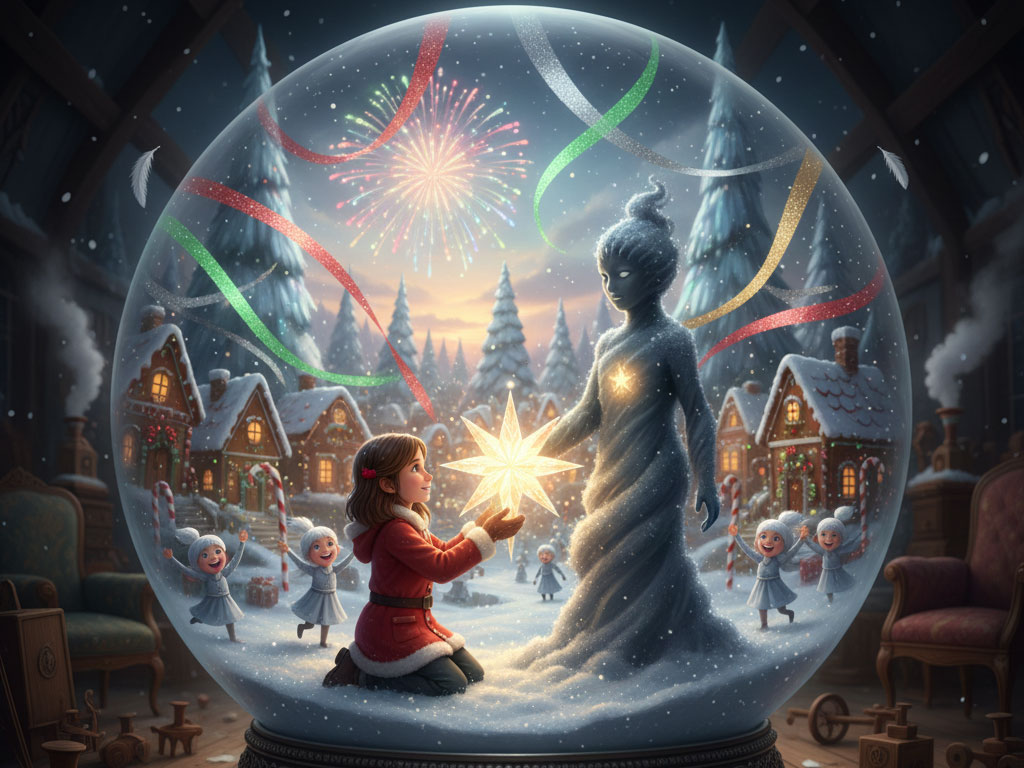 Lily, the main character from the Christmas Story The Snow Globe Adventure, kneels within the snow globe, gently taking the glowing Christmas Star from the tall, misty Shadow Frost figure