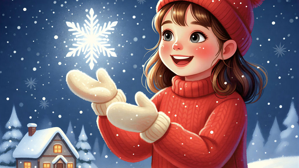 Joyful illustration from the Christmas story 'The Snowflake's Journey,' showing a girl named Mira with a glowing snowflake.