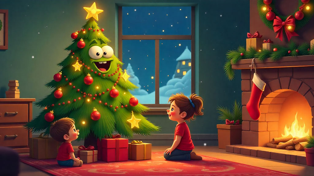 Emma and her little brother Max listening to the talking Christmas tree in a cozy holiday room, part of a magical Christmas story.
