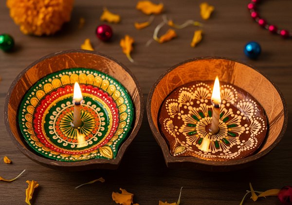 Diyas made from halved coconut shells. The shells are painted with festive colors and patterns