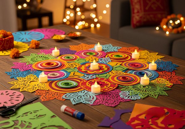 A DIY rangoli made from layered paper cutouts in bright shades, arranged in a circular mandala pattern