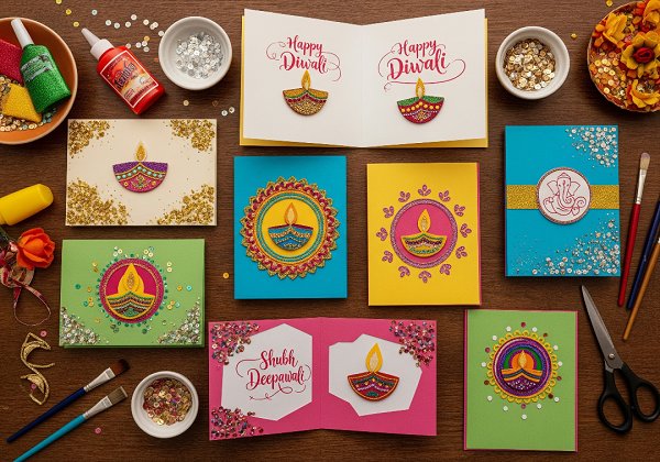 Several handcrafted greeting cards with Happy Diwali wishes