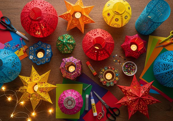 An wooden table with several colorful, handmade paper lanterns (kandils) in different shapes