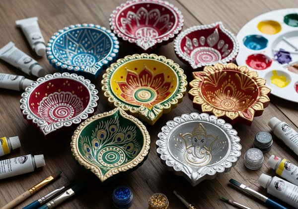 Several beautifully hand-painted clay diyas featuring detailed floral, geometric, and peacock designs