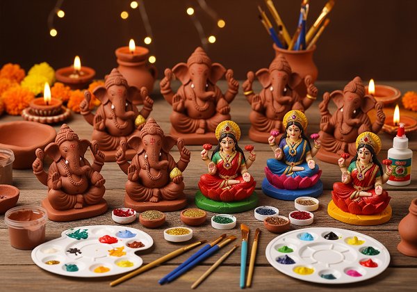 A Diwali craft featuring a number of small, sculpted clay idols of Ganesha and Lakshmi