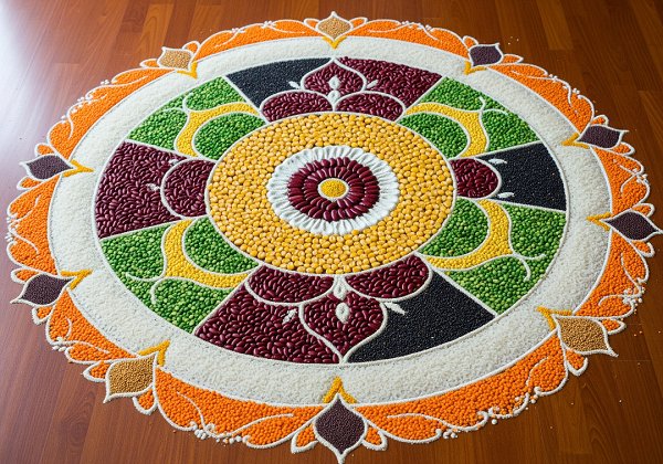 A mandala-style rangoli created from different types of grains and pulses, including yellow corn, green peas, and red kidney beans