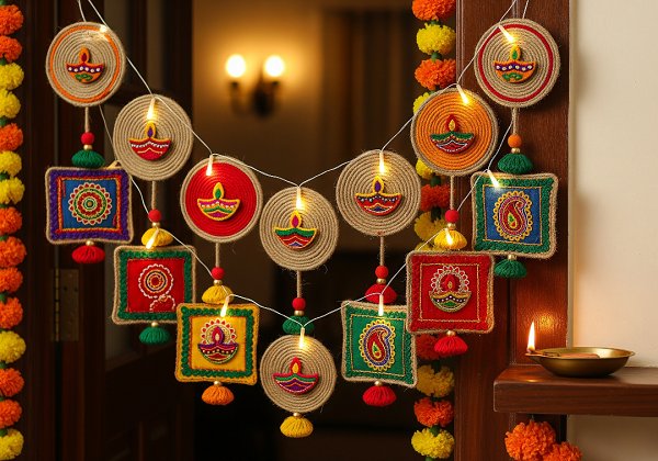 A festive door hanging made from jute rope and decorated with colorful fabric cutouts, small mirrors, and decorative bells