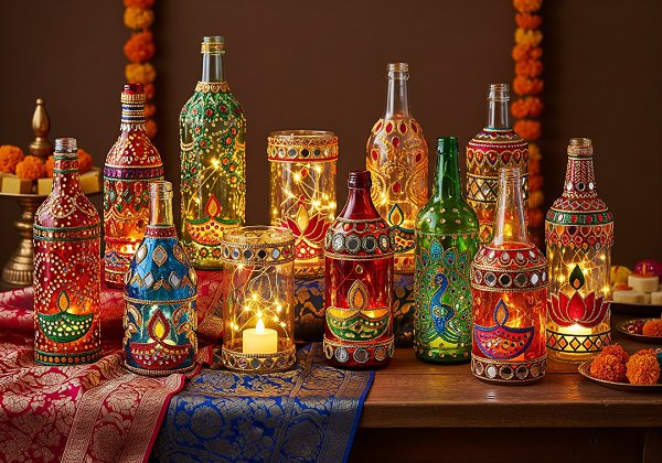 A collection of upcycled glass bottles transformed into beautiful, glowing lanterns