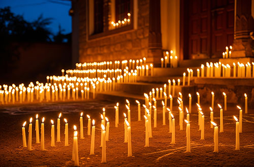 Numerous lit narrow candles illuminating the outdoor steps and ground of a building at dusk for Diwali.