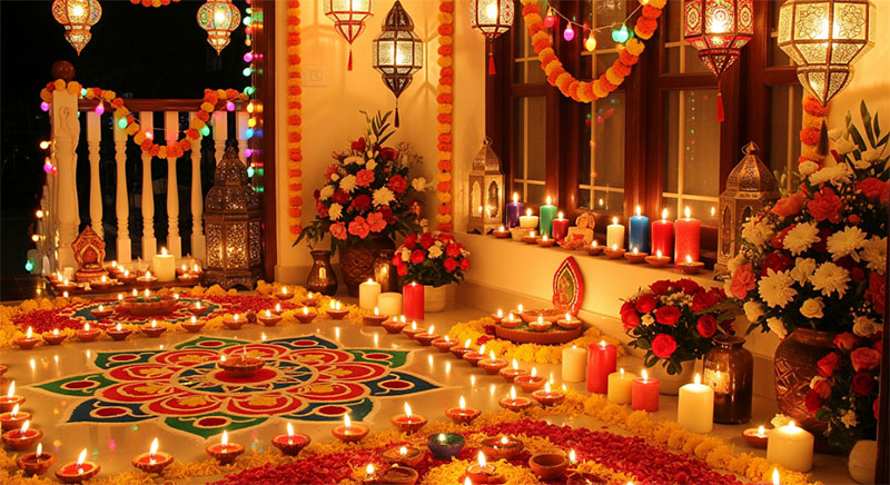 A beautifully decorated home for Diwali with a colorful rangoli, lit diyas, candles, and flowers.