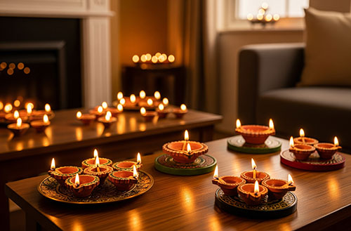 Traditional Diwali decor with diyas arranged on multiple surfaces.