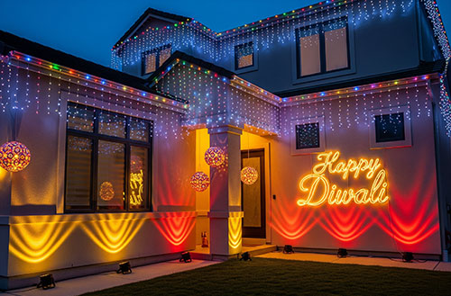 A house is decorated with festive electric lights and a glowing sign.