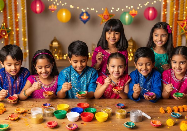 A group of smiling children are gathered around a table happily painting clay diyas with colorful paints and glitter
