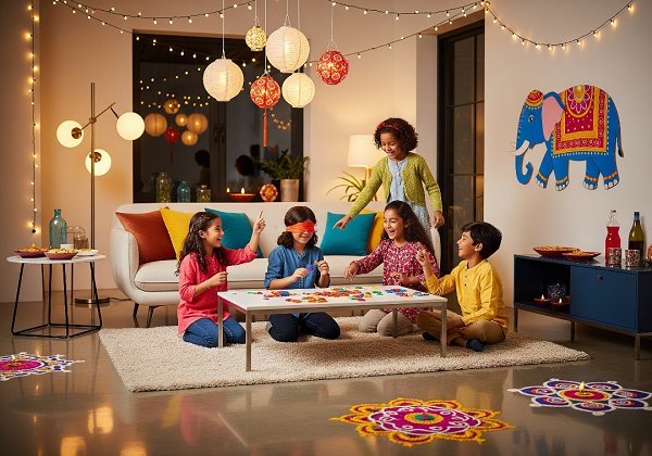 A group of kids playing indoor games in Diwali