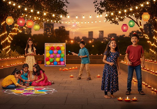 A group of kids playing various outdoor games in Diwali