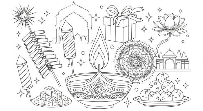 A Diwali image to color for kids, featuring a diya lamp, firecrackers, rangoli patterns, a gift, and traditional sweets.