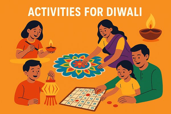 Diwali activities including rangoli making, diya painting, and festive celebrations