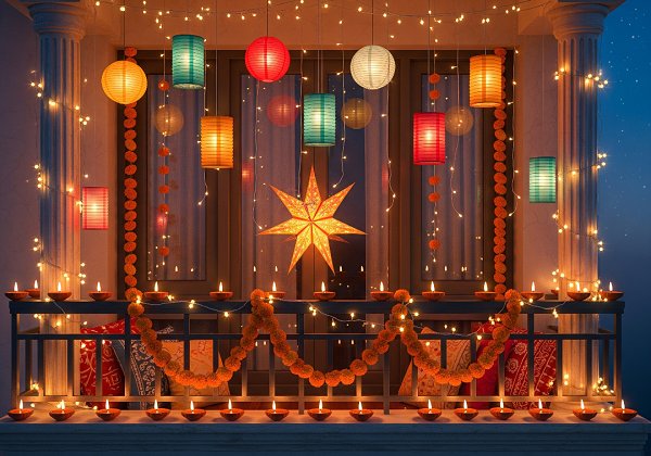 A festive balcony decorated for Diwali, featuring a line of lit diyas on the railing, colorful hanging lanterns, and strings of fairy lights and marigold garlands