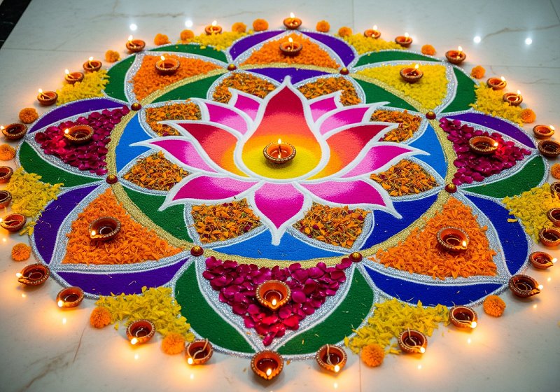 A intricate rangoli on a floor, made with colored powders and featuring a large lotus flower design at its center