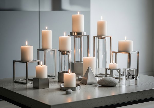 White pillar candles in sleek geometric holders made of glass and brushed metal