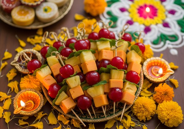 Diwali recipe - A vibrant platter of cheese, cherry, and pineapple skewers garnished with fresh mint