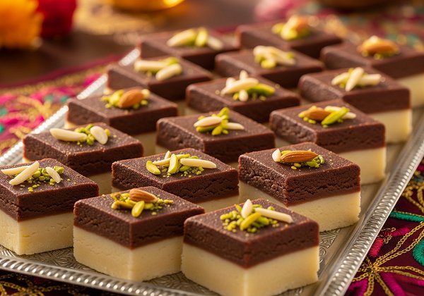 chocolate burfi Diwali Recipe topped with slivered almonds and pistachios on a silver tray, set against a festive Diwali backdrop
