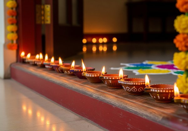 A straight line of lit clay diyas placed on the threshold of a main door, with marigold garlands hanging on the doorframe