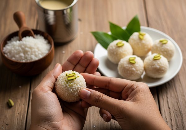 Recipes for Diwali - Freshly made coconut ladoo recipe garnished with pistachio slices