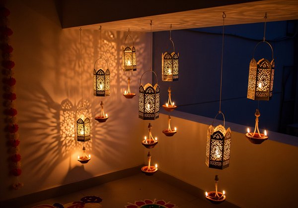 Hanging Moroccan-style metal lanterns and traditional clay diyas are suspended from a balcony ceiling
