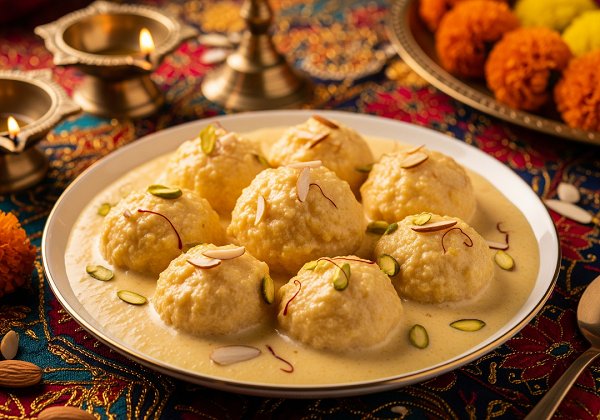 Bread rasmalai recipe for diwali garnished with saffron strands, sliced almonds, and pistachios