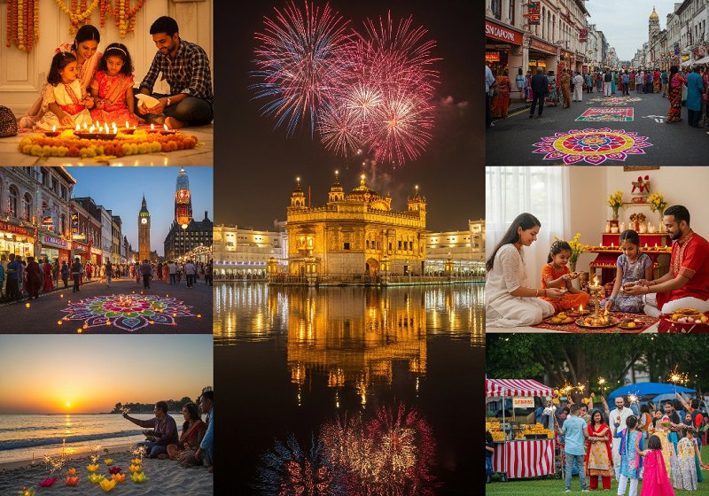 Montage of global Diwali celebrations including rangoli, lamps, fireworks, and cultural gatherings