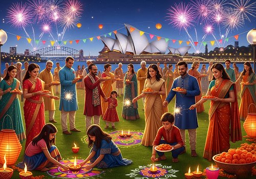 A festive Diwali celebration in Australia with families lighting diyas, creating rangoli, enjoying sweets, and watching fireworks