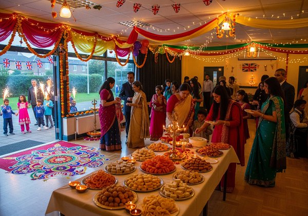 People celebrating Diwali in the United Kingdom with traditional attire, festive decorations, rangoli designs, sweets, and sparklers