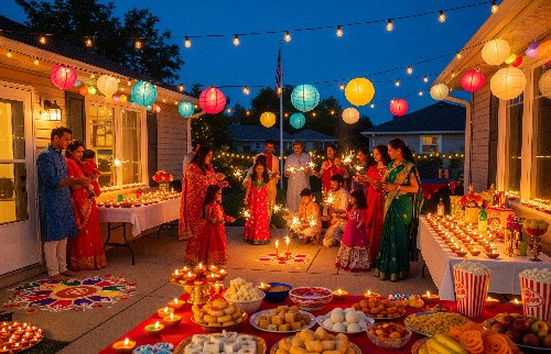 Families celebrating Diwali in the USA with lights, sparklers, traditional Indian clothing, sweets, and festive outdoor decorations.