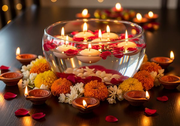 A festive table centerpiece for Diwali, featuring a clear glass bowl with floating white candles and rose petals