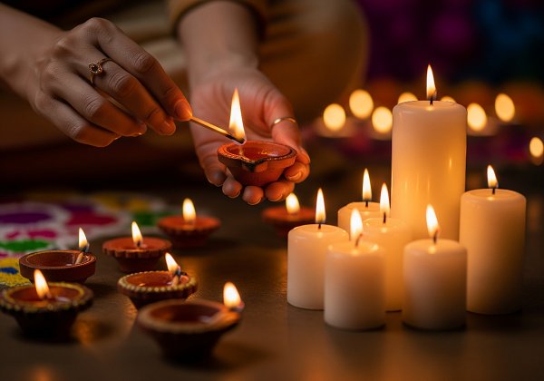 A hands using a matchstick to light a traditional clay diyas and pillar candles