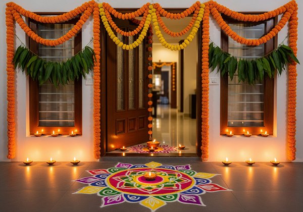 A decorated home entrance for Diwali, with traditional marigold and mango leaf garlands around the door and windows