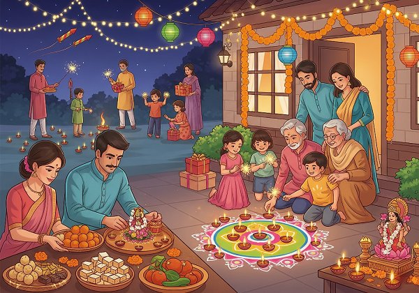 A family sit together, smiling as they paint small clay diyas with bright colors