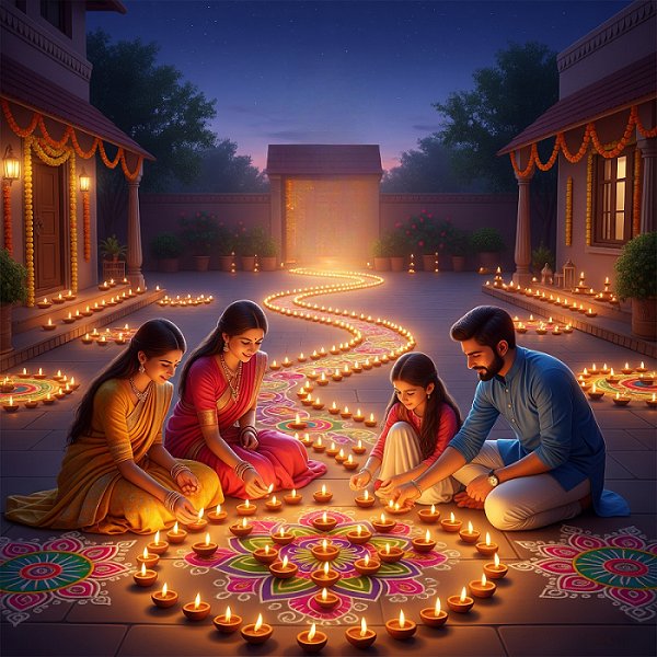 A family lighting numerous small clay lamps (diyas), which are arranged in intricate rangoli patterns
