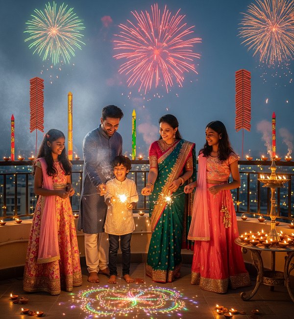 A happy Indian family of four celebrating Diwali on an urban rooftop