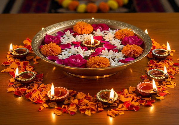 A beautiful Diwali centerpiece with a bowl filled with floating marigolds, roses, and jasmine flowers