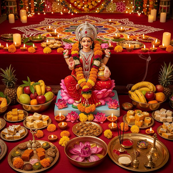 Hindu altar prepared for the Diwali Lakshmi Puja