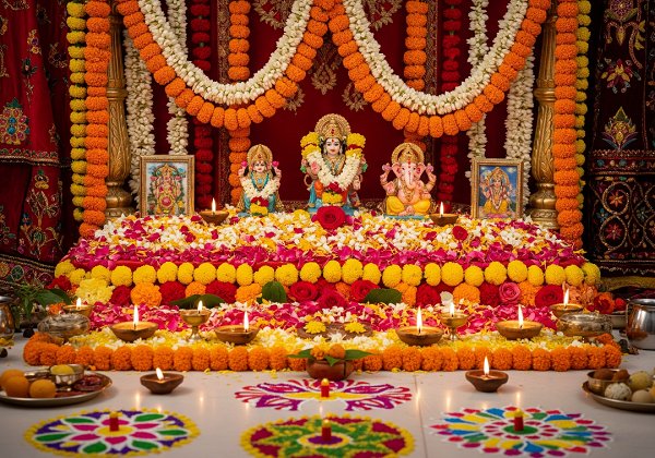 A traditional Diwali altar (mandir) decorated with garlands of marigolds and jasmine, a bed of mixed flower petals