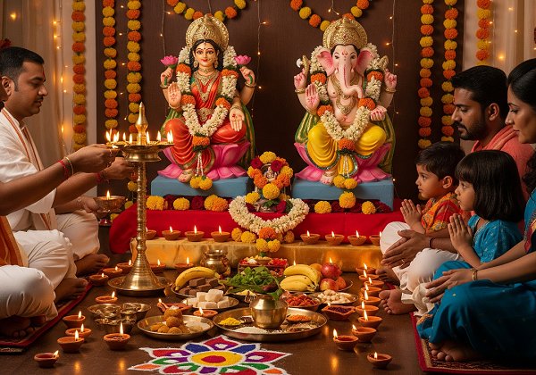 A family performing the sacred Lakshmi-Ganesha puja, with idols of the deities adorned with flowers and offerings