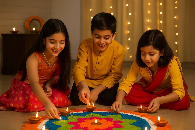Children placing earthen lamps and making colorful rangoli patterns during Diwali celebration