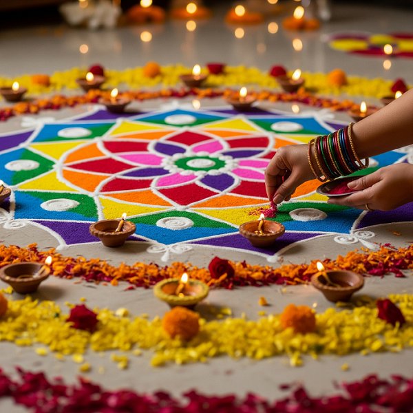 A woman meticulously adds colored powder to an intricate and brightly colored rangoli design on a floor