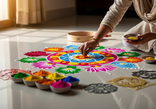 A person's hands meticulously creating a colorful and intricate rangoli design using colored powders