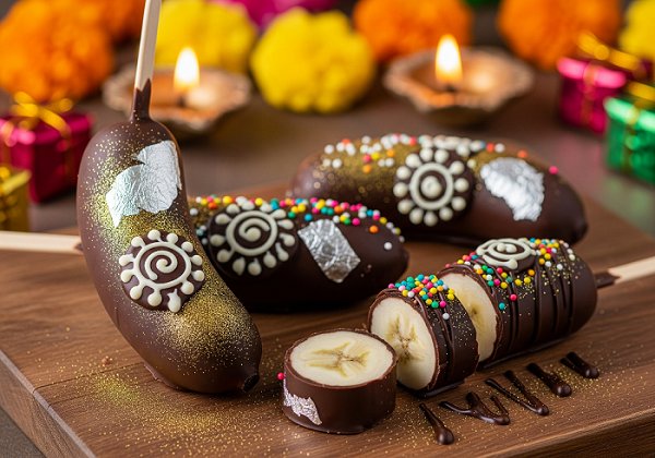 Diwali recipes - Frozen bananas dipped in rich chocolate and beautifully decorated with edible silver leaf, vibrant sprinkles, and festive patterns